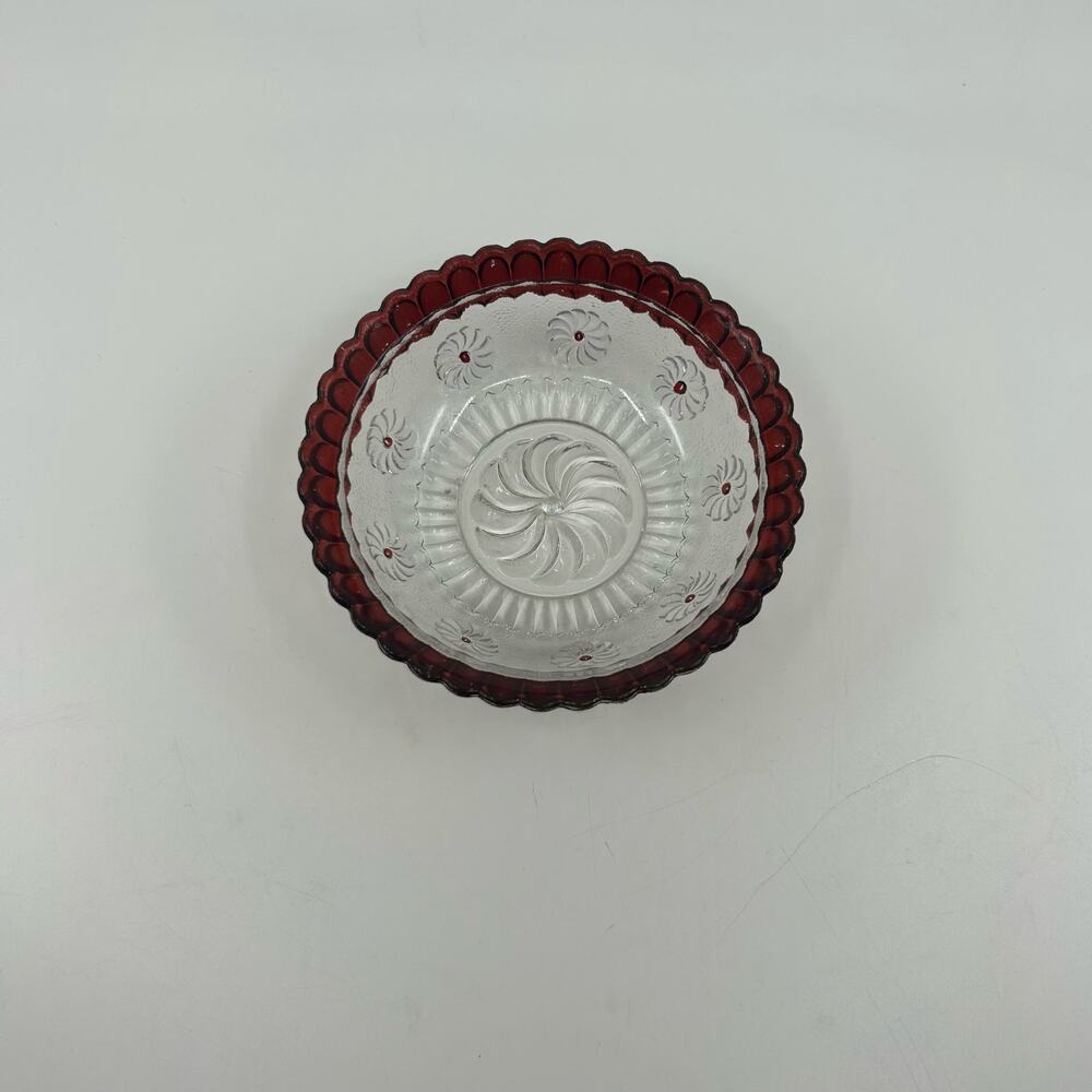 VTG Ruby/Clear Glass Candy Dish Small Bowl Flower Design Watermelon Collection